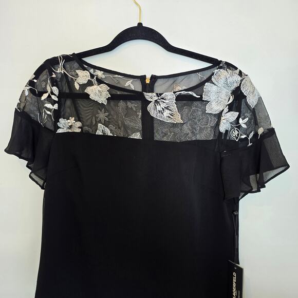 NWT Karl Lagerfeld Paris Dress Size 8 Black Cocktail Floral Mesh Yoke Ruffle Hem - Picture 2 of 9